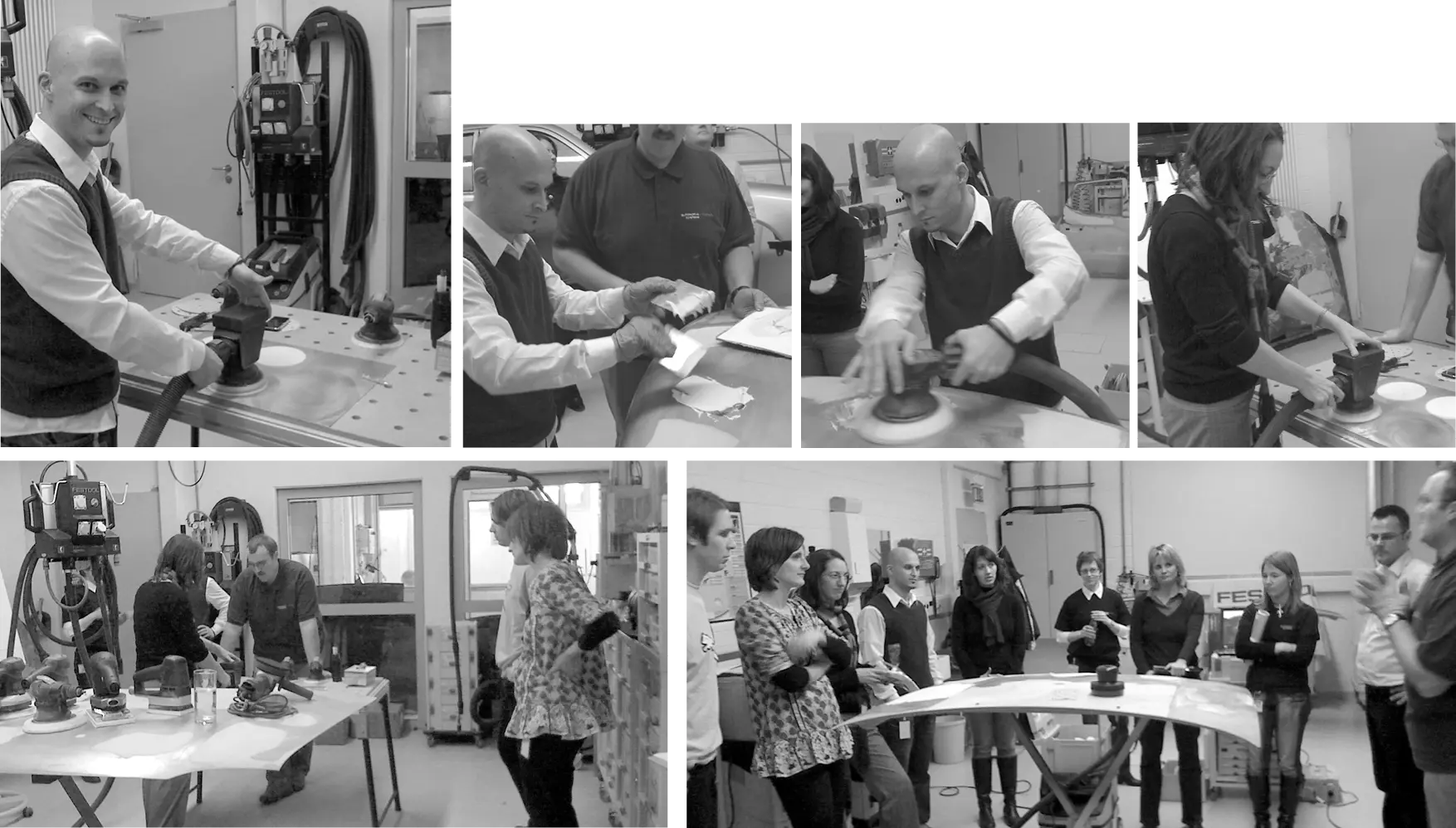 Festool-Kampagnenarbeit 2010: Team mit Werkzeugen, Hands-on-Test der Maschinen.