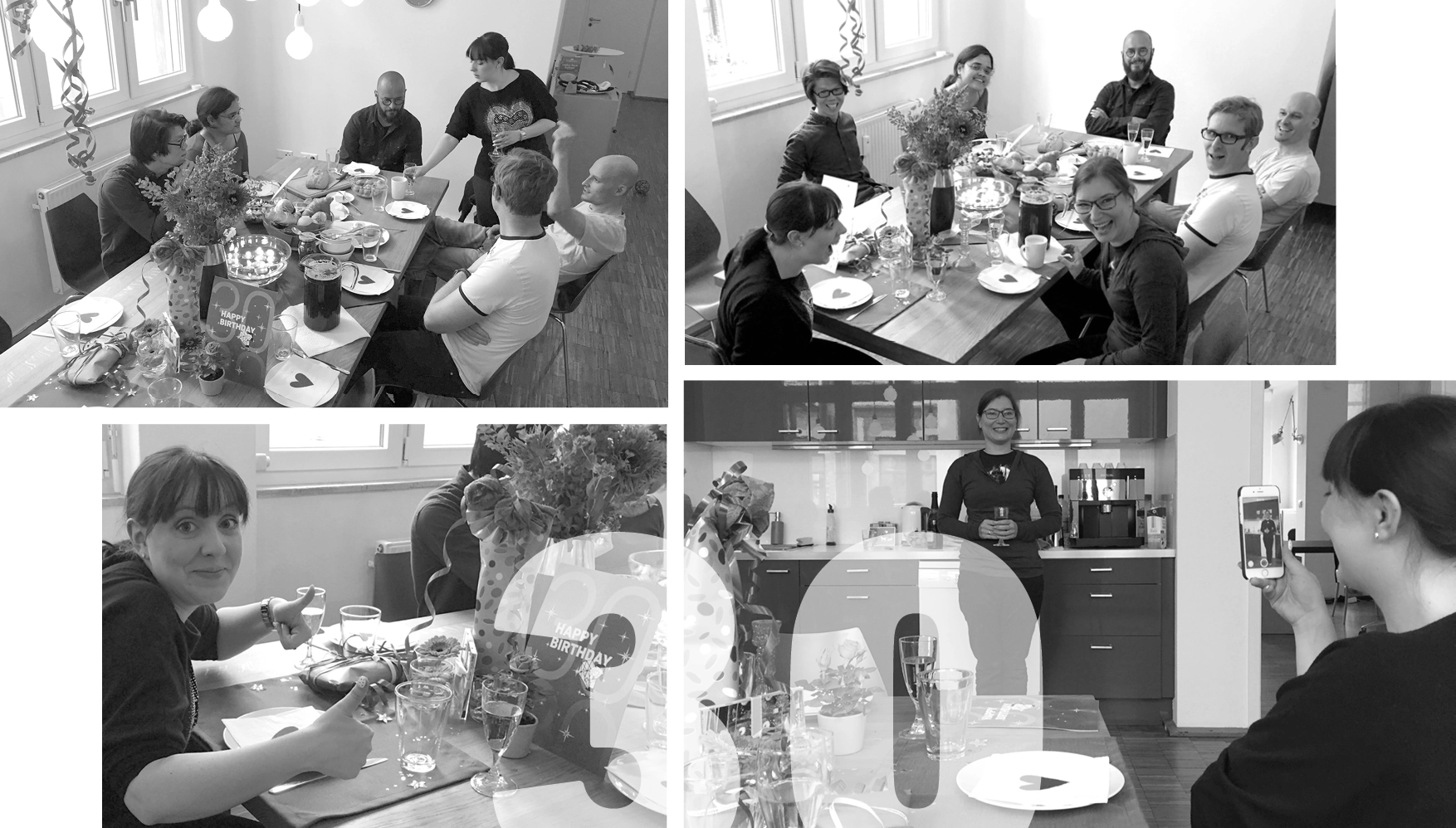 Geburtstags-, Jubiläums- oder Anstoß-Moment im Team: Leute stoßen mit Getränken an.