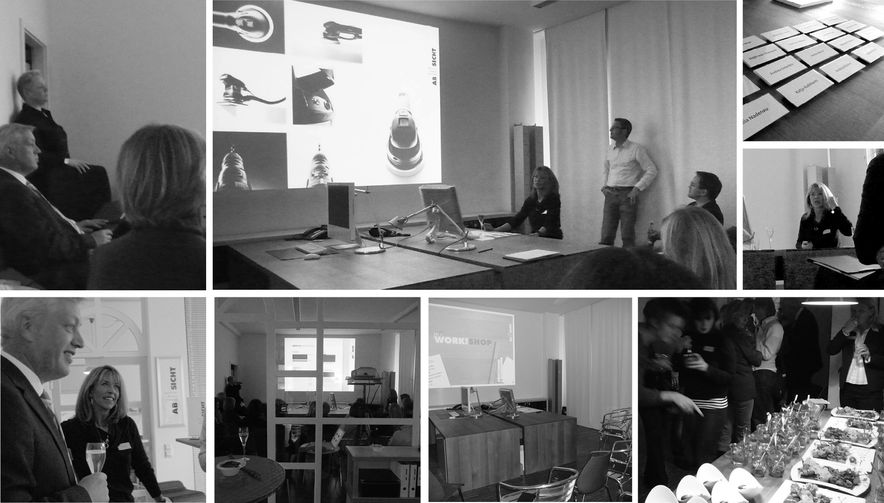 Festool-Design-Präsentation bei ABSICHT: Kund:innen am Buffet, Corporate-Design-Vorstellung in entspannter Atmosphäre.