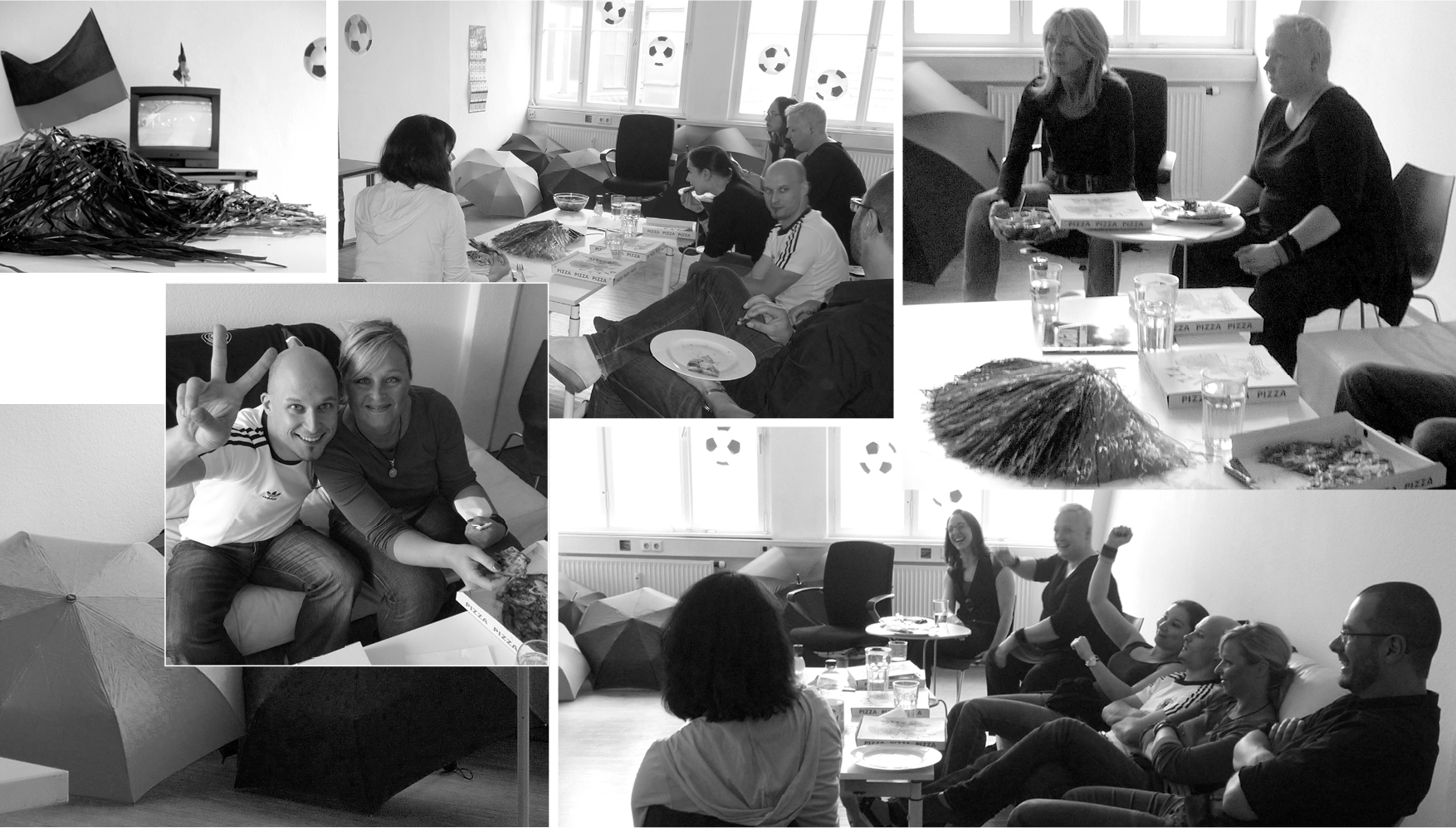 Public-Viewing-Atmosphäre zur WM 2010 im Büro: gemeinsames Fußballschauen mit Beamer und Pizza.