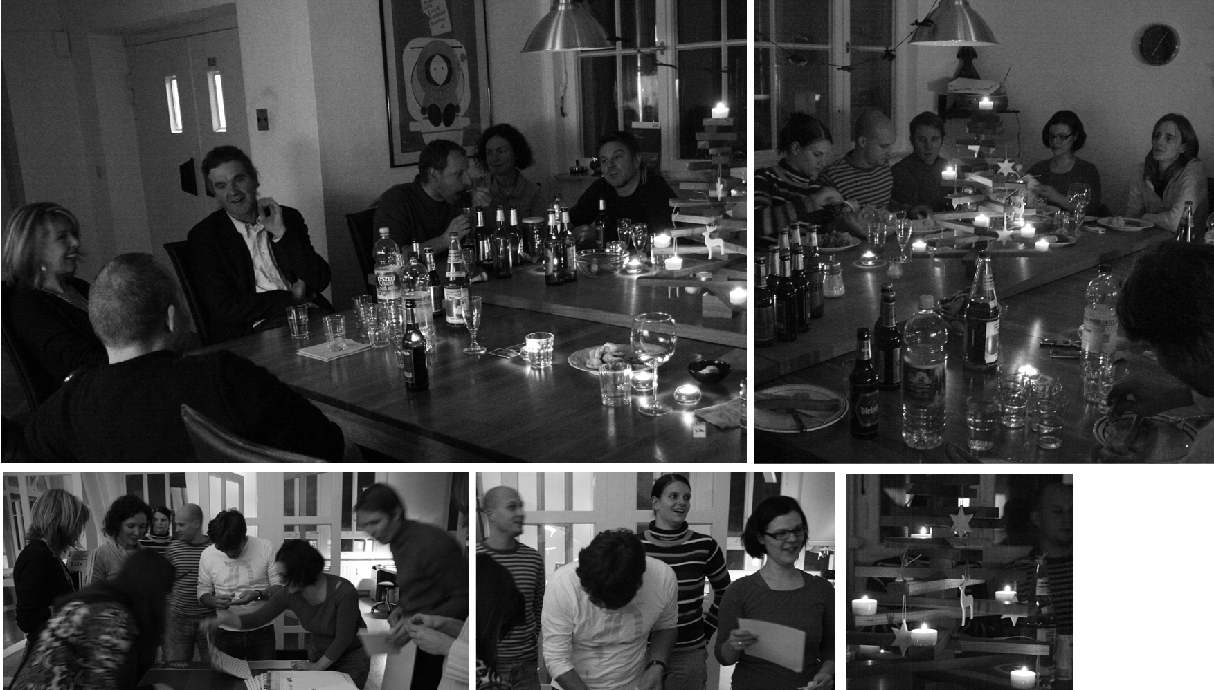 Gruppe bei der ABSICHT-Weihnachtsfeier: Geschenke, Deko und gemütliche Stimmung.