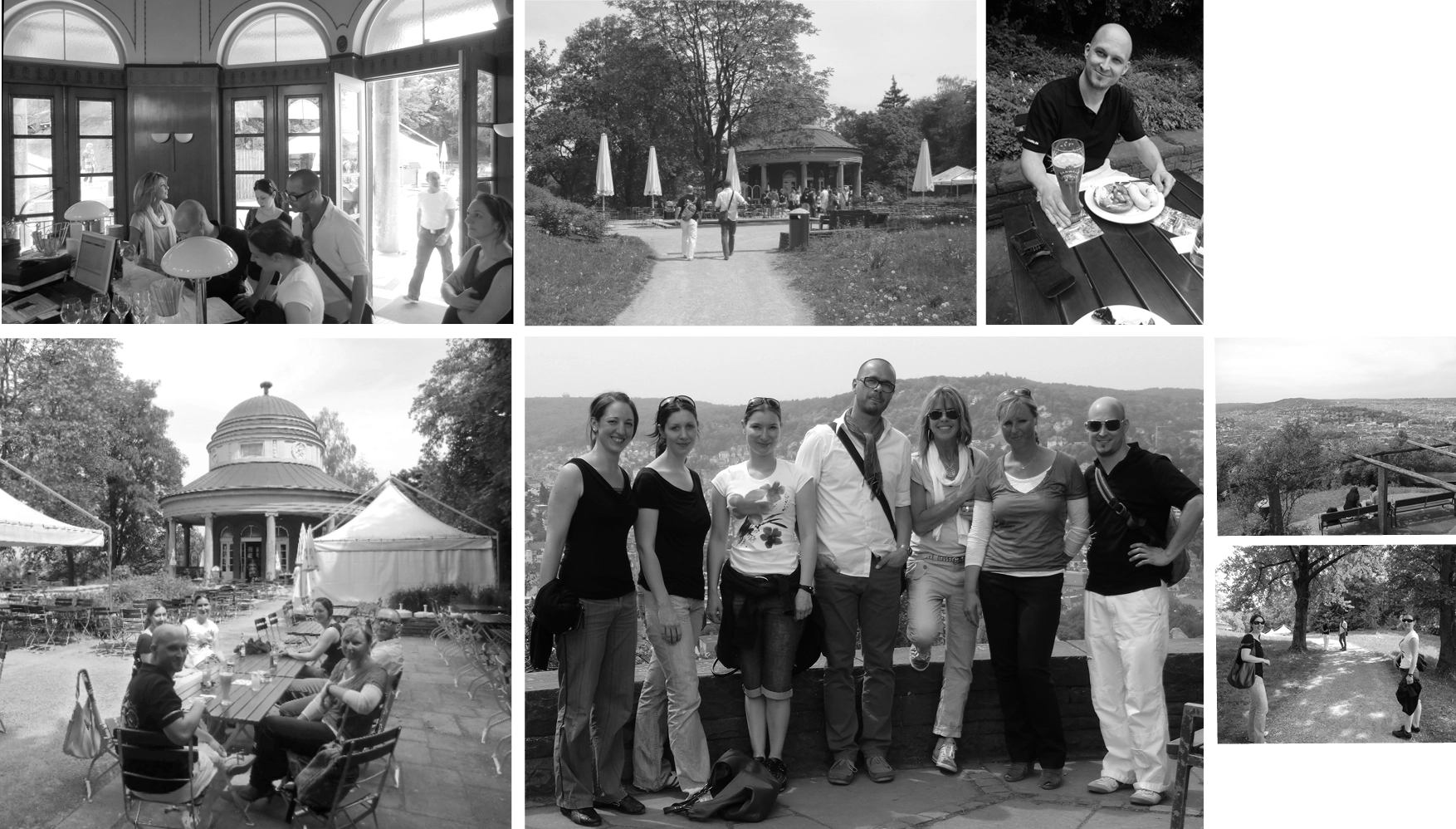 → „Schwänz-Tag“ im Teehaus: Team in der Sonne bei Weißwurst, Brezeln und Aussicht statt Büro.