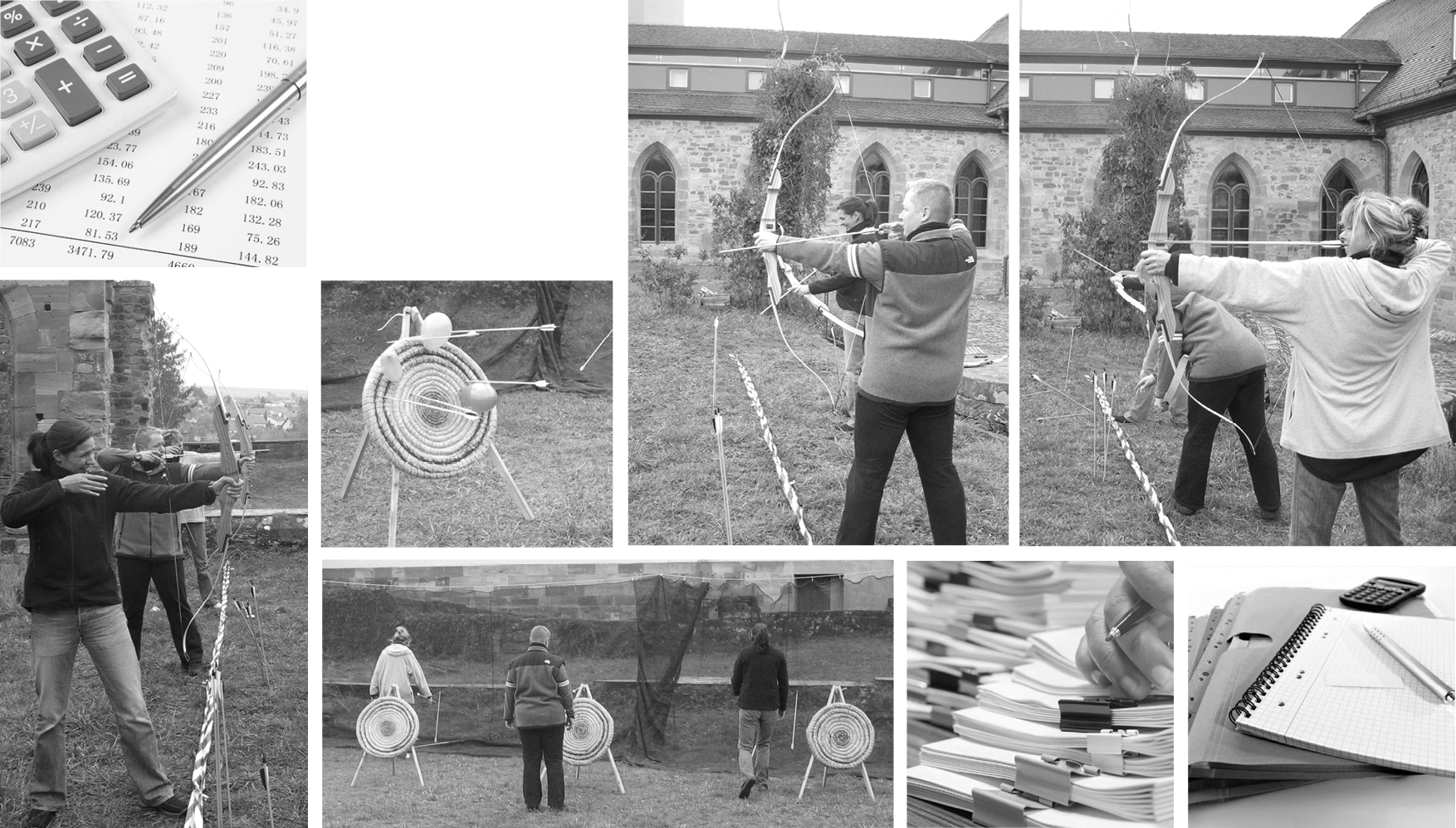 Team beim Vorstandswochenende 2003: konzentrierte Arbeit und Bogenschießen zur Entspannung.