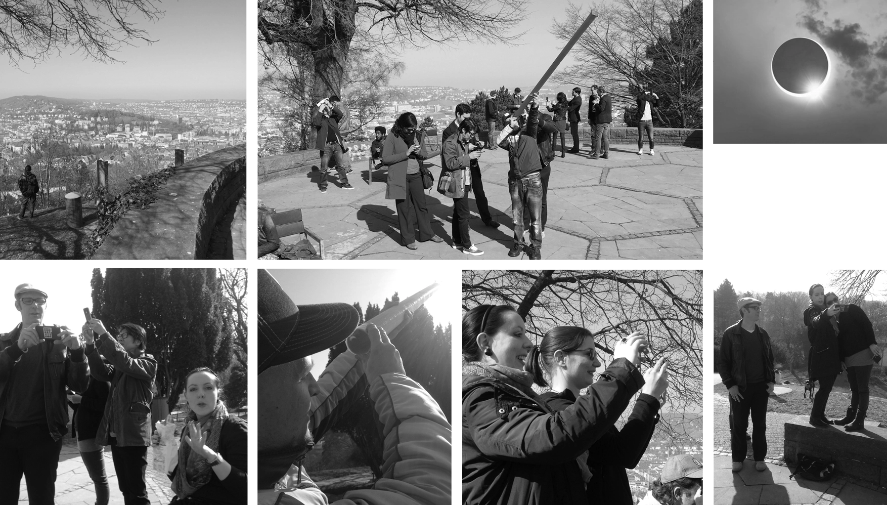 Team beim Sonnenbeobachten / Himmelsphänomen: Kolleg:innen draußen mit Teleskop und Smartphone.