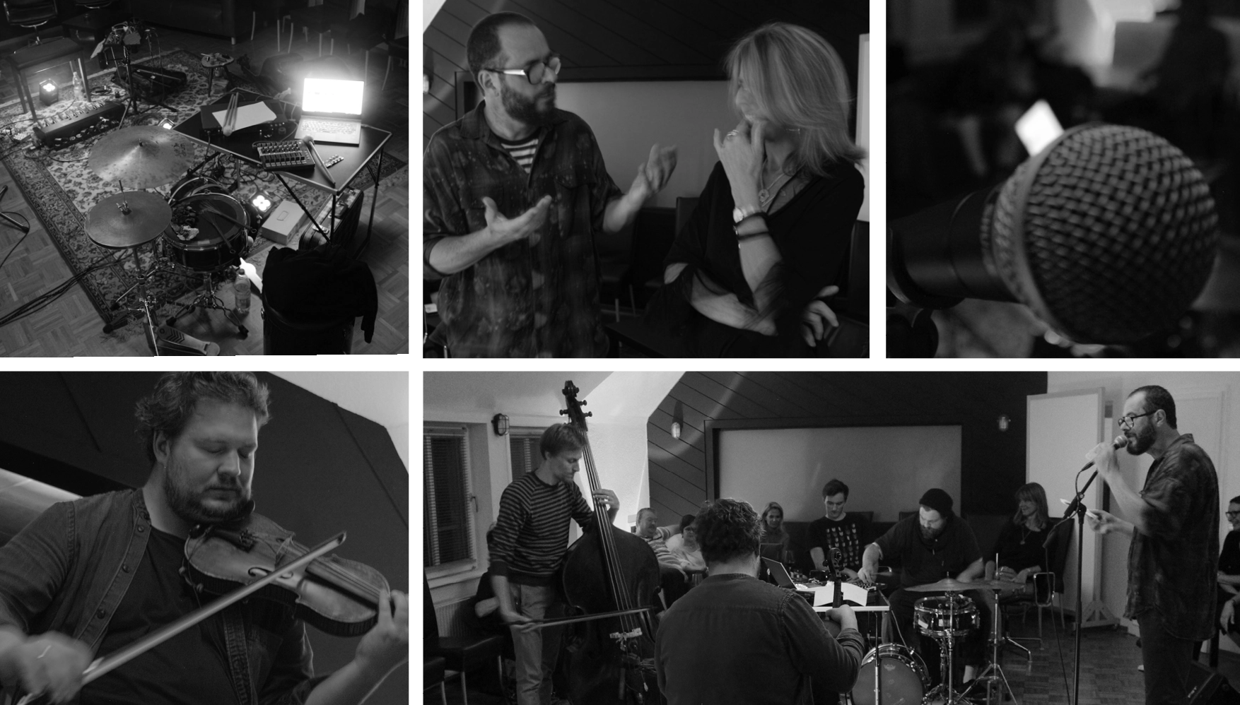 Collage of black-and-white photos showing musicians in a studio, including a drum set with laptop, a violinist playing, a bassist performing, a close-up of a microphone, a man talking to a woman, and a group session with a vocalist and drummer.