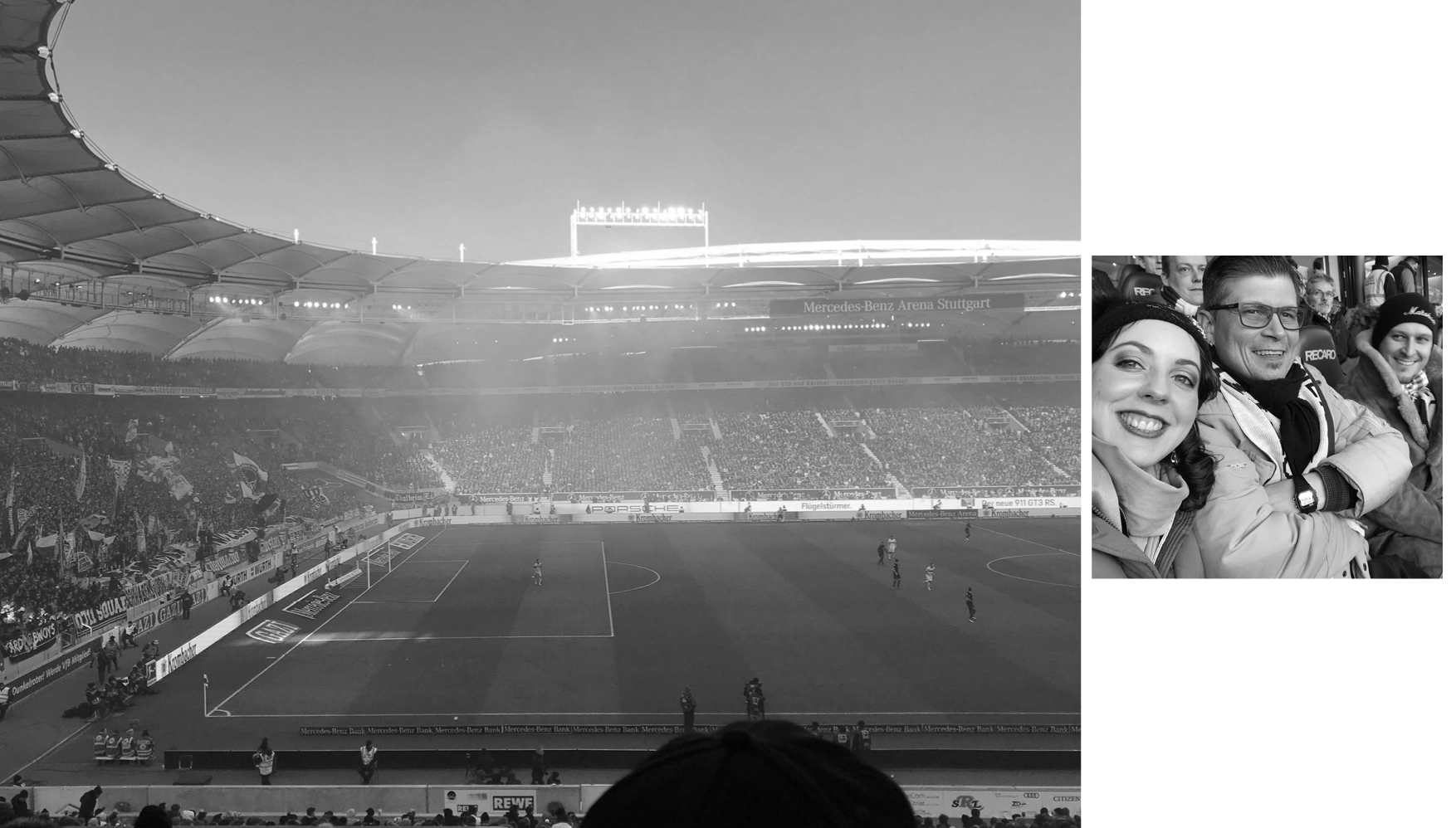 Crowded Mercedes-Benz Arena Stuttgart stadium during a soccer match with fans and players on the field, inset of three smiling fans wearing scarves.