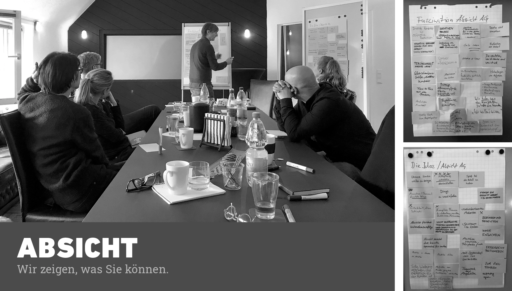 Group of people in a meeting room listening to a presenter writing on a flipchart, with two close-up images of handwritten note boards.