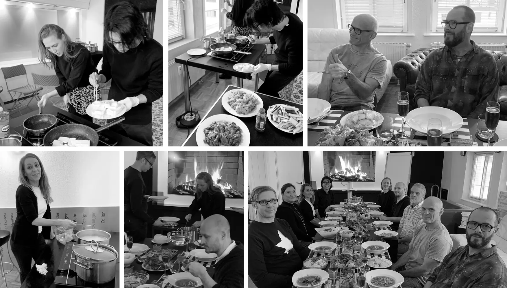 Collage of black-and-white photos showing people cooking, serving, and enjoying a communal meal around a dining table in a cozy room with a fireplace.