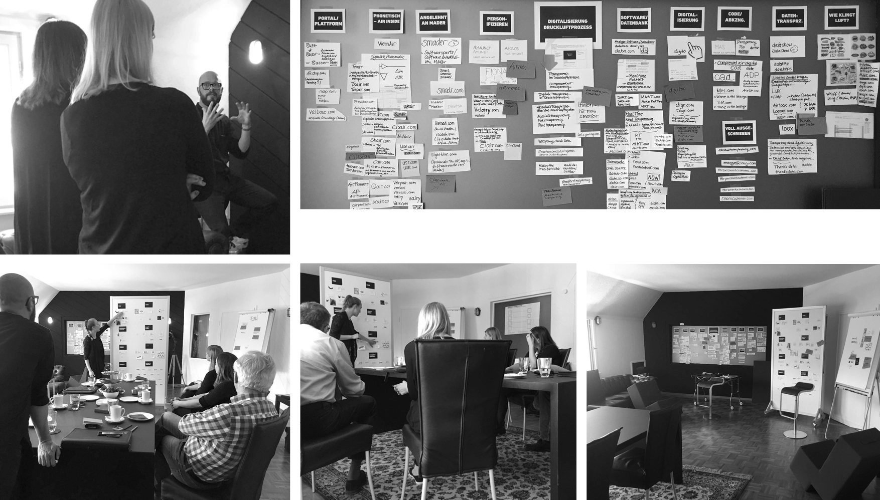 eam-Workshop zur Agentur-Positionierung, Menschen diskutieren an Whiteboard im Freiraum.