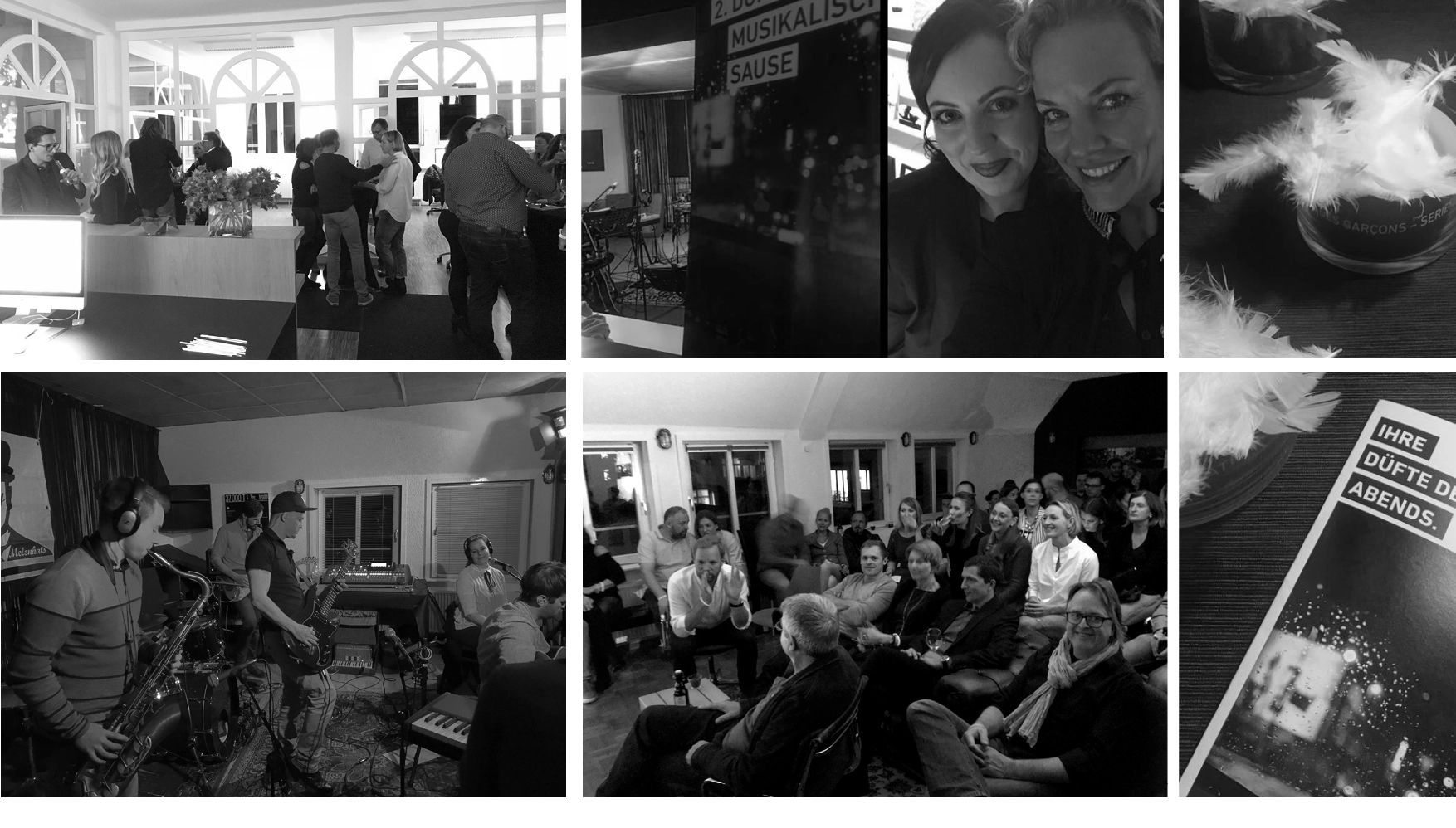 Collage of black-and-white photos showing a social gathering with people talking and dancing, a live band playing instruments, smiling attendees seated indoors, and close-ups of two women and feathers on a table with a German flyer.