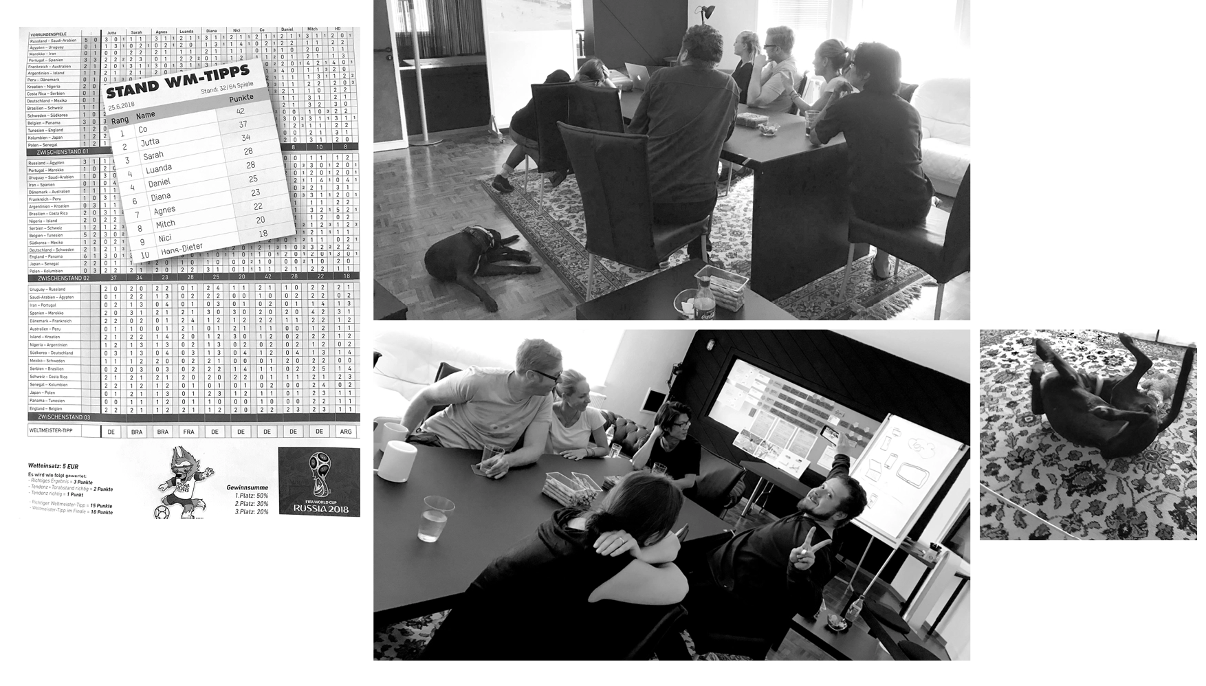 Two black and white photos of people gathered around tables with laptops and drinks, a dog lying on the floor in both images, and a scoreboard table with rankings and points from a 2018 World Cup prediction game.