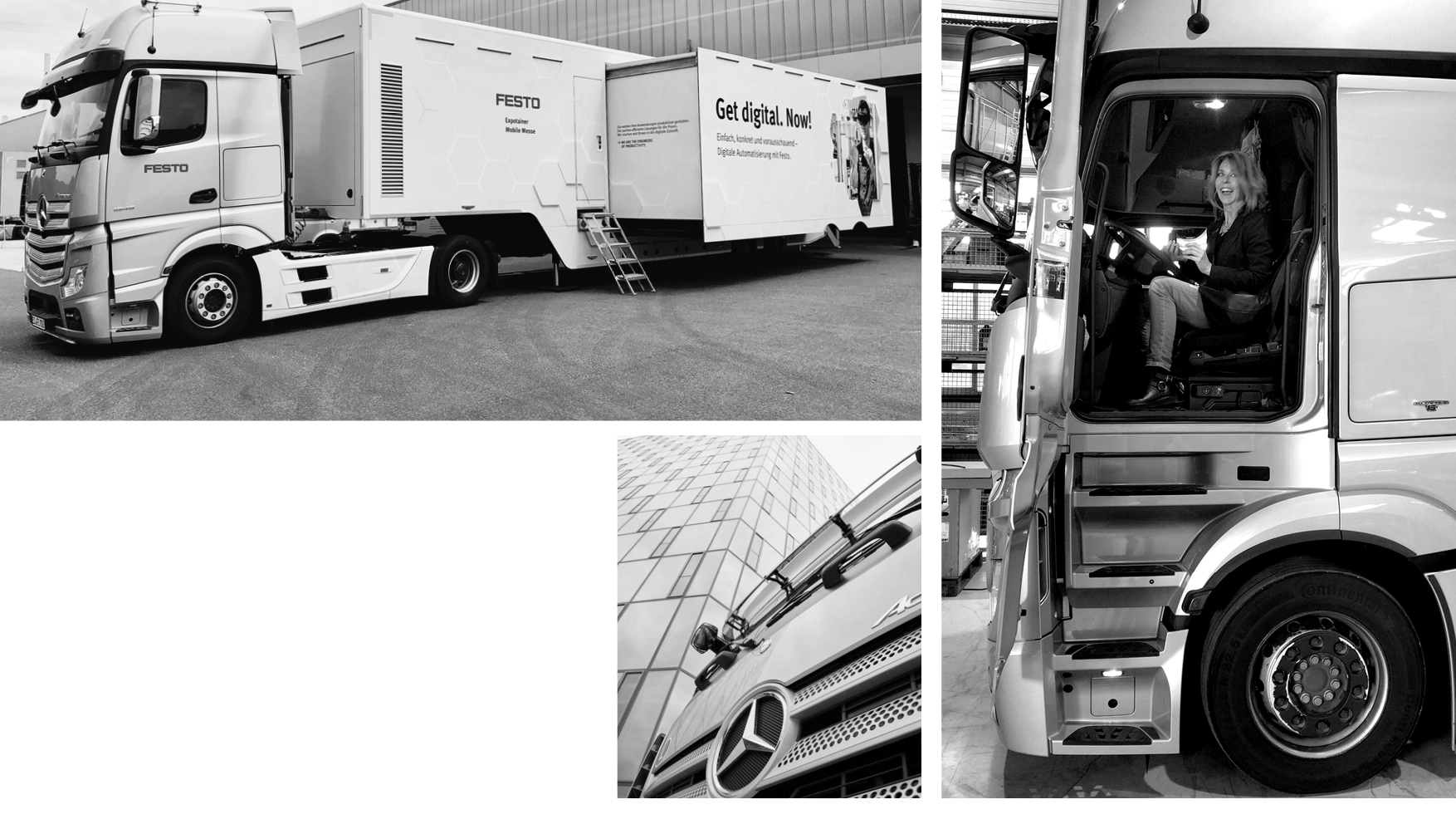 Collage of a Festo-branded Mercedes truck with a mobile exhibition trailer, close-up of the truck's front grille and emblem, and a woman sitting in the truck's driver seat.