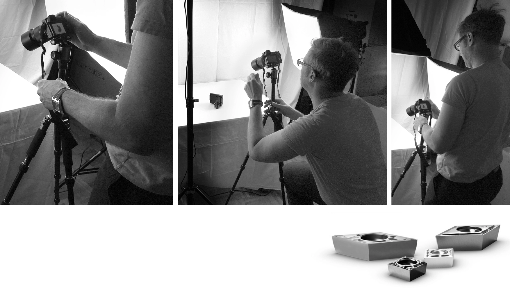 Collage of a man photographing small metal parts on a tripod in a lightbox studio setup with softbox lighting.