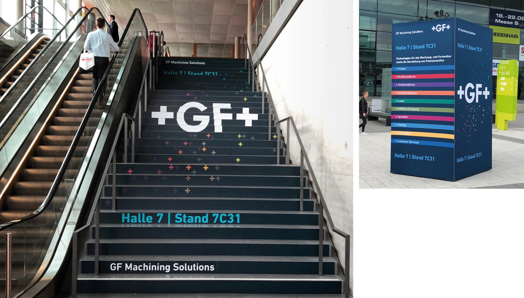 Staircase and cube display at a trade show for GF Machining Solutions with large +GF+ logo and stand details.