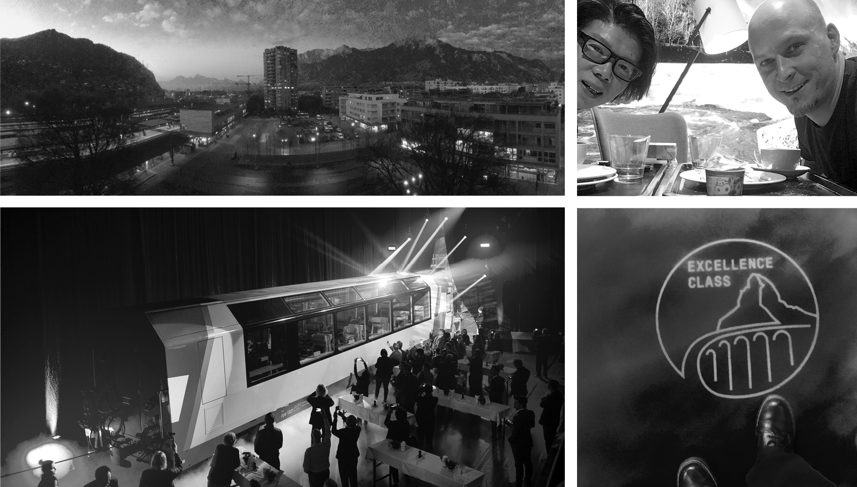 Collage of four black-and-white photos showing a cityscape during dusk with mountains, two people smiling at a café table, a large futuristic vehicle with people around it indoors, and feet standing on a floor with a logo reading 'EXCELLENCE CLASS.'