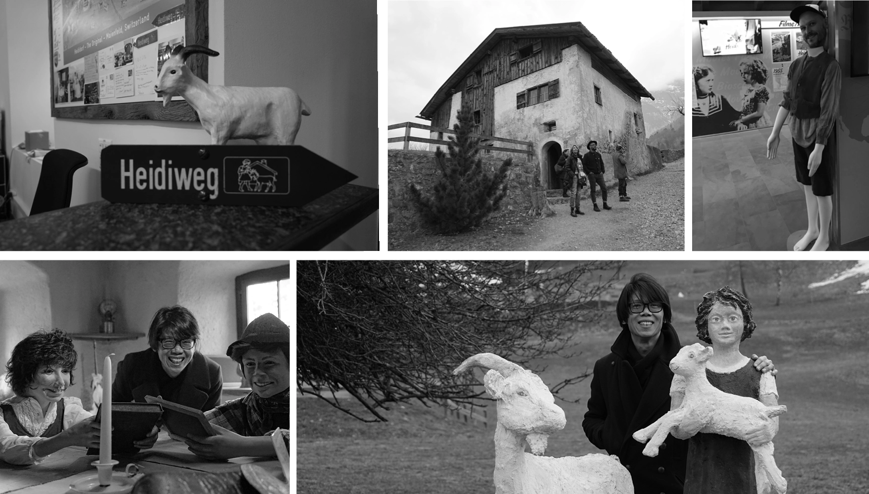 Collage of five black-and-white photos showing a goat figurine with a Heidiweg sign, an old building with three people standing outside, a mannequin dressed in old-fashioned clothes, two people reading near a candle with two mannequins, and a smiling man standing next to a statue of a girl holding a goat.