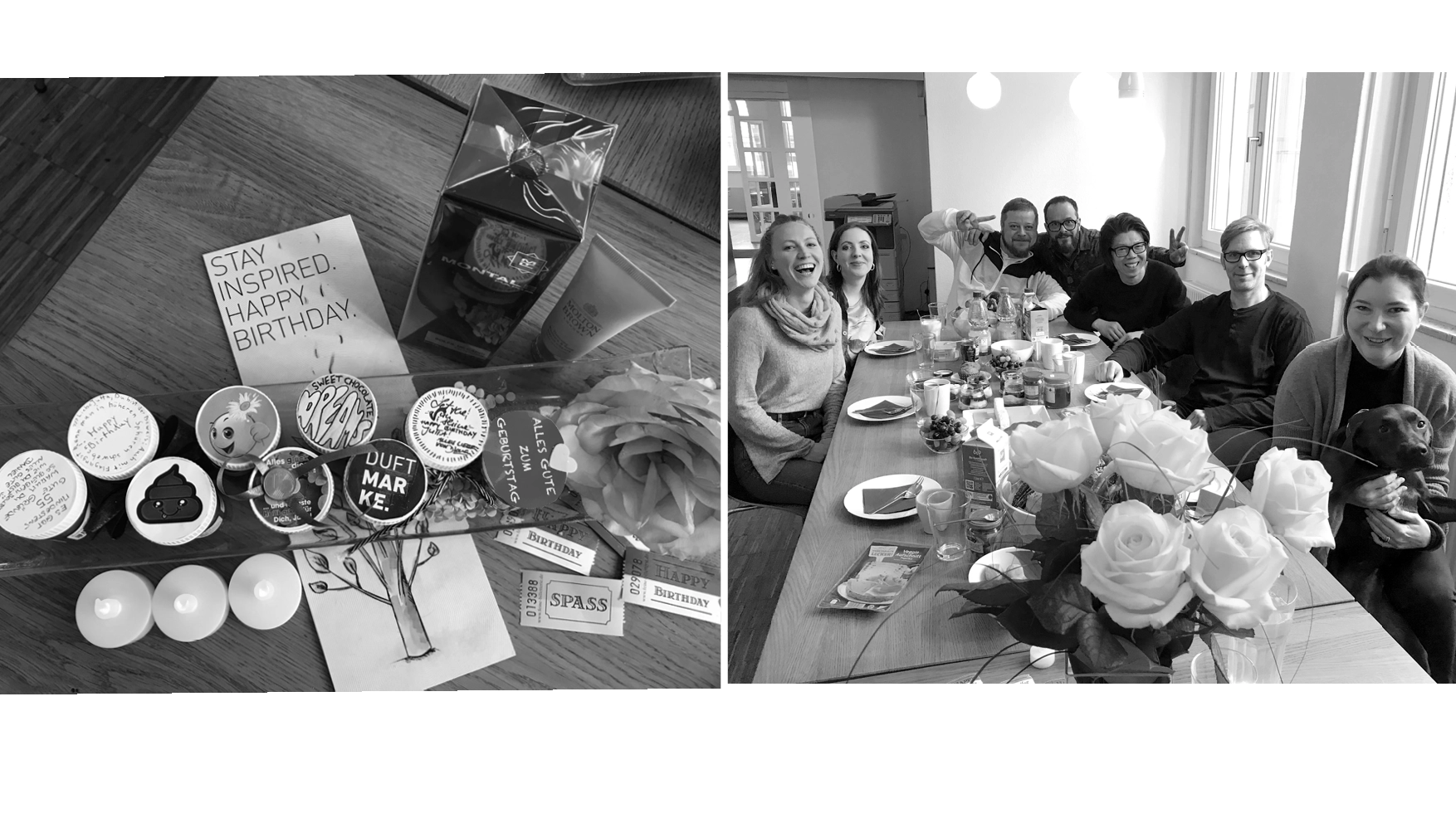 Split image showing a birthday gift arrangement with candles, roses, and notes on the left, and a group of seven people smiling around a table with flowers and food on the right.