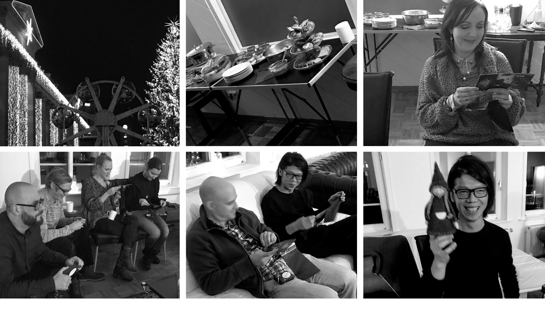 Collage of six black-and-white images showing holiday decorations, a buffet table, a woman reading a card, and people knitting and holding a knitted doll indoors.