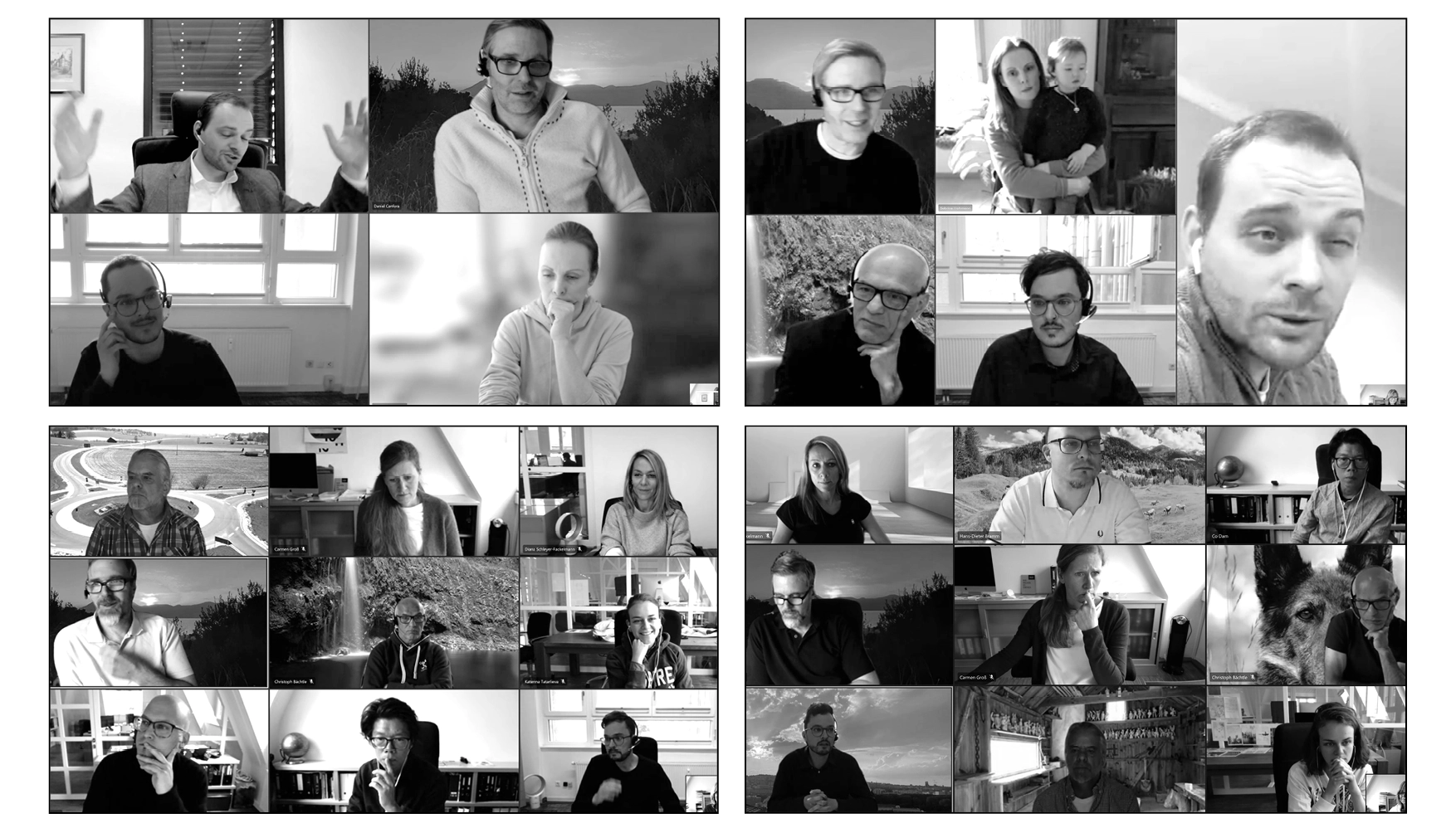 Black and white collage of multiple video call participants in various settings, some with headsets and one with a child.