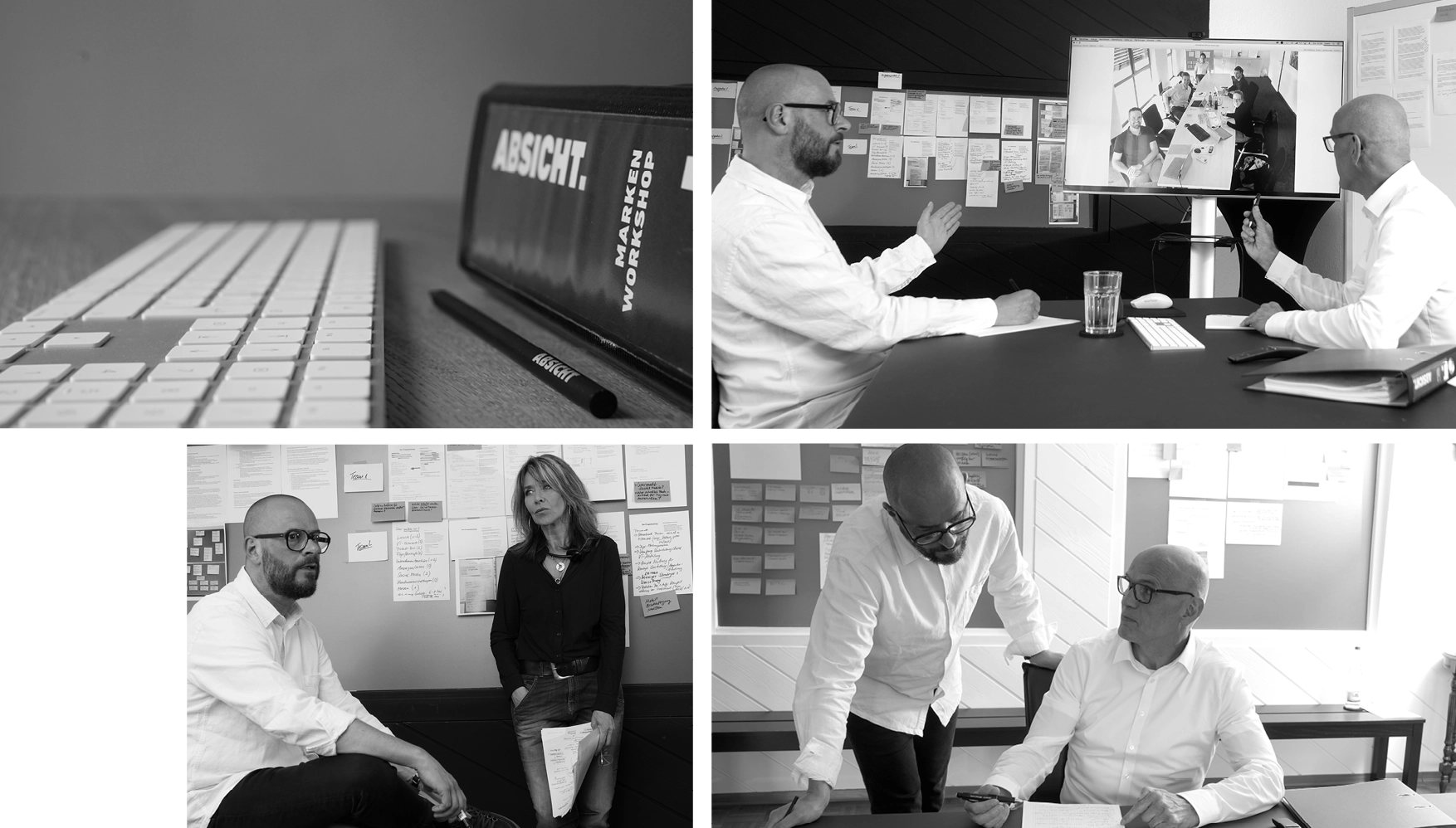 Collage of black-and-white photos showing business professionals in meetings and discussions in an office with notes on walls and ABSICHT branded materials.
