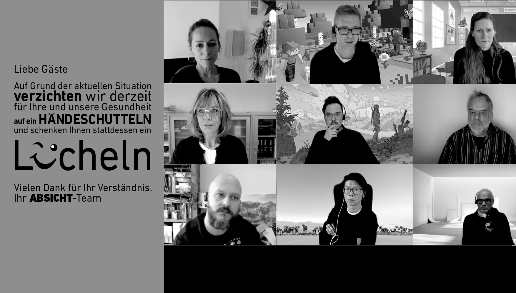 A virtual meeting with eight people in separate video frames next to a German message explaining the avoidance of handshakes for health reasons, offering a smile instead.