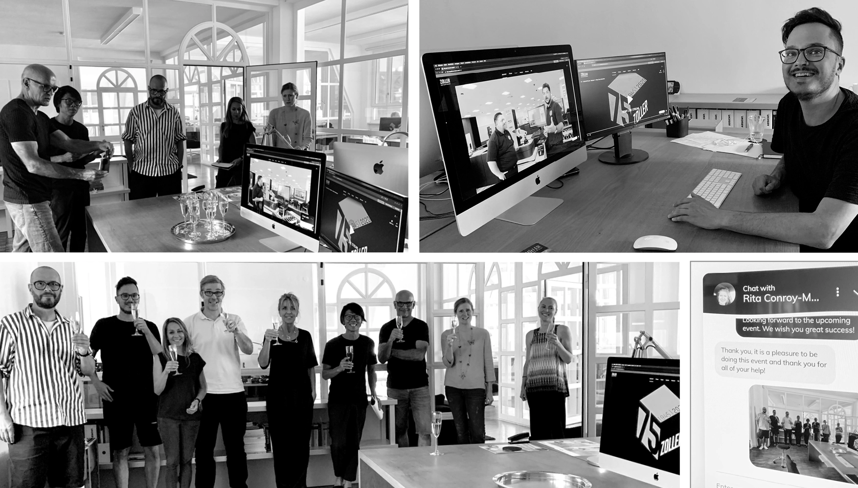 Collage showing a group of people in an office celebrating with champagne glasses and a man smiling at a computer displaying an image of two men in conversation.