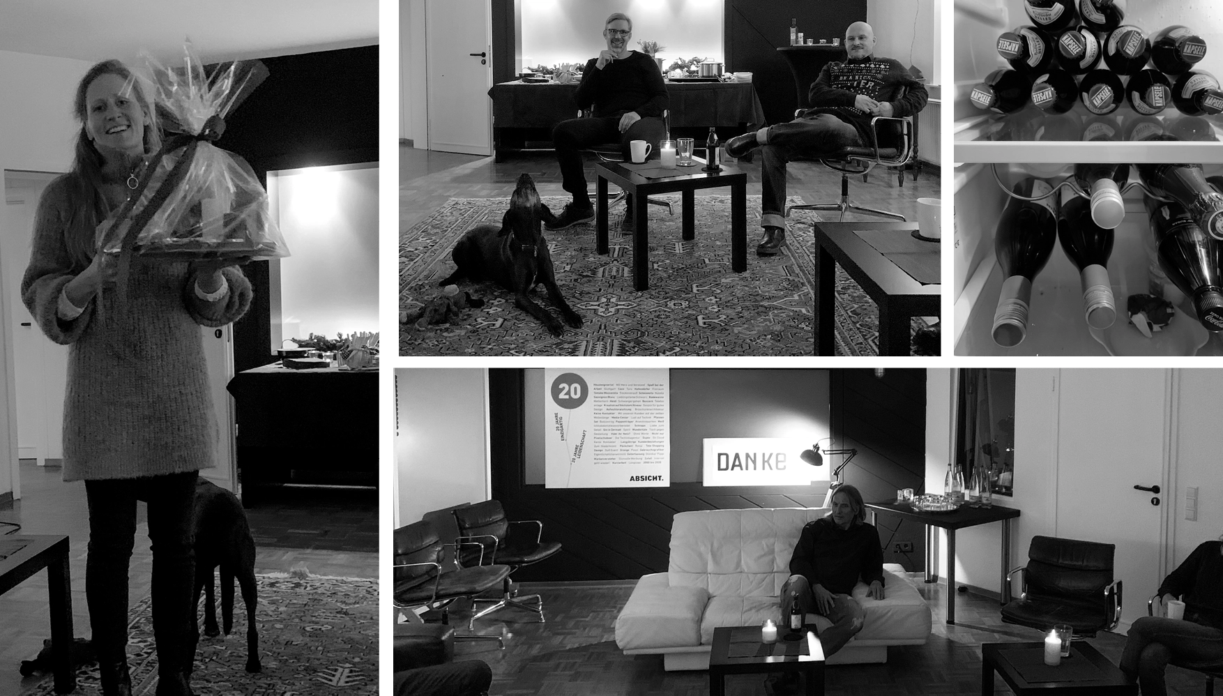 Collage of black-and-white photos showing a woman holding a wrapped gift basket, two men sitting with a black dog on a patterned rug, bottles stacked in a fridge, and a person sitting on a white couch with lit candles on tables in a cozy room.