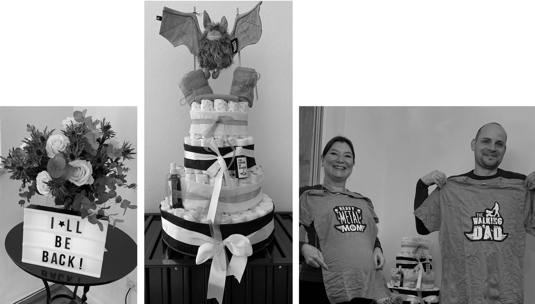 A collage of three photos showing a bouquet with a sign saying 'I'LL BE BACK!', a diaper cake decorated with ribbons and a plush bat on top, and a smiling couple holding up matching humorous t-shirts reading 'Heavy Metal Mom' and 'The Walking Dad'.
