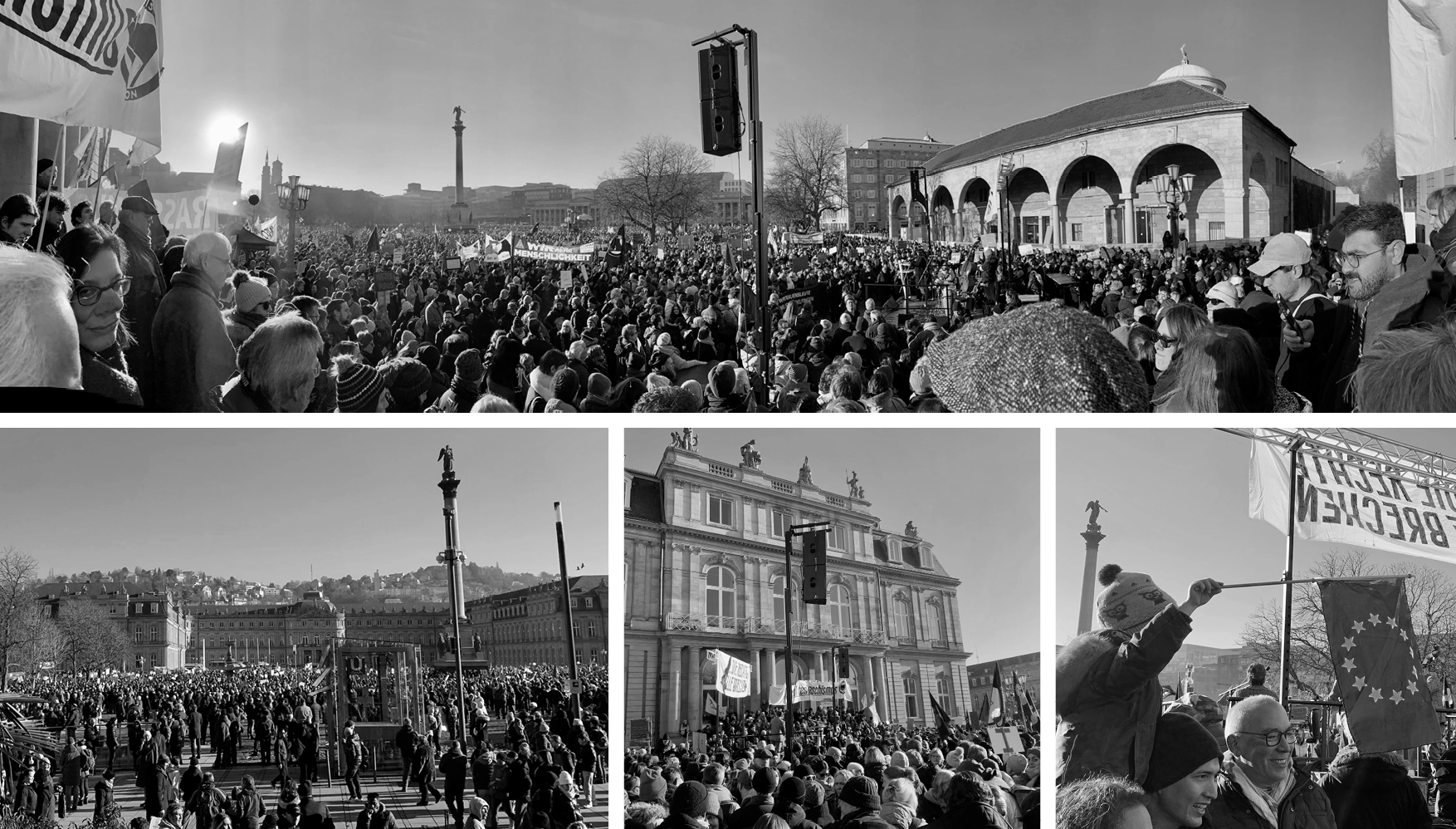 Collage of black and white photos showing large crowds gathered outdoors for a protest or rally in front of historic European buildings, with flags, banners, and a child waving a European Union flag.