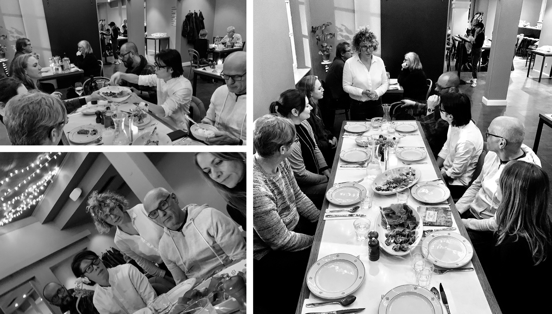 Black and white collage of people dining together in a restaurant, showing various angles of a group sitting around a table with plates and food.