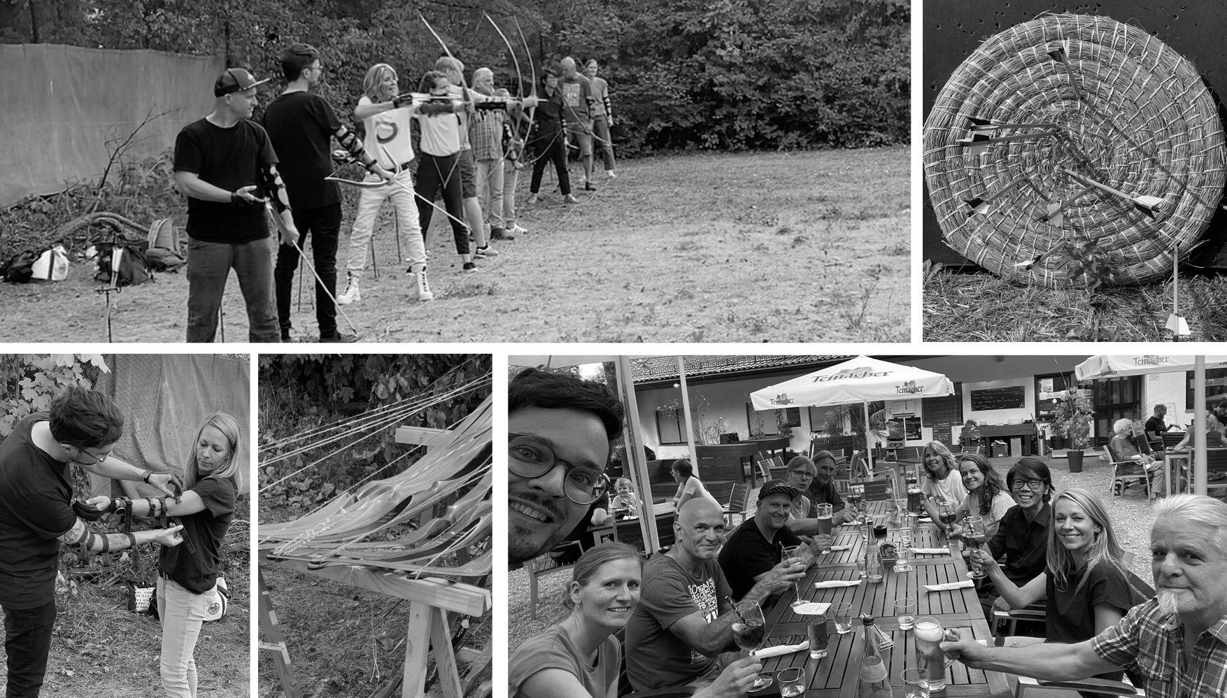 Collage of people practicing archery outdoors, arrows on a target, helping with archery equipment, a close-up of bows, and a group enjoying drinks at an outdoor café.