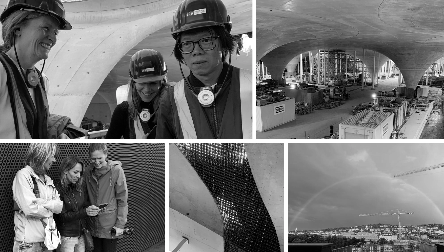Collage of black-and-white photos showing construction workers wearing helmets, an under-construction site with curved concrete structures, three women looking at a phone, and a cityscape with cranes under a rainbow.