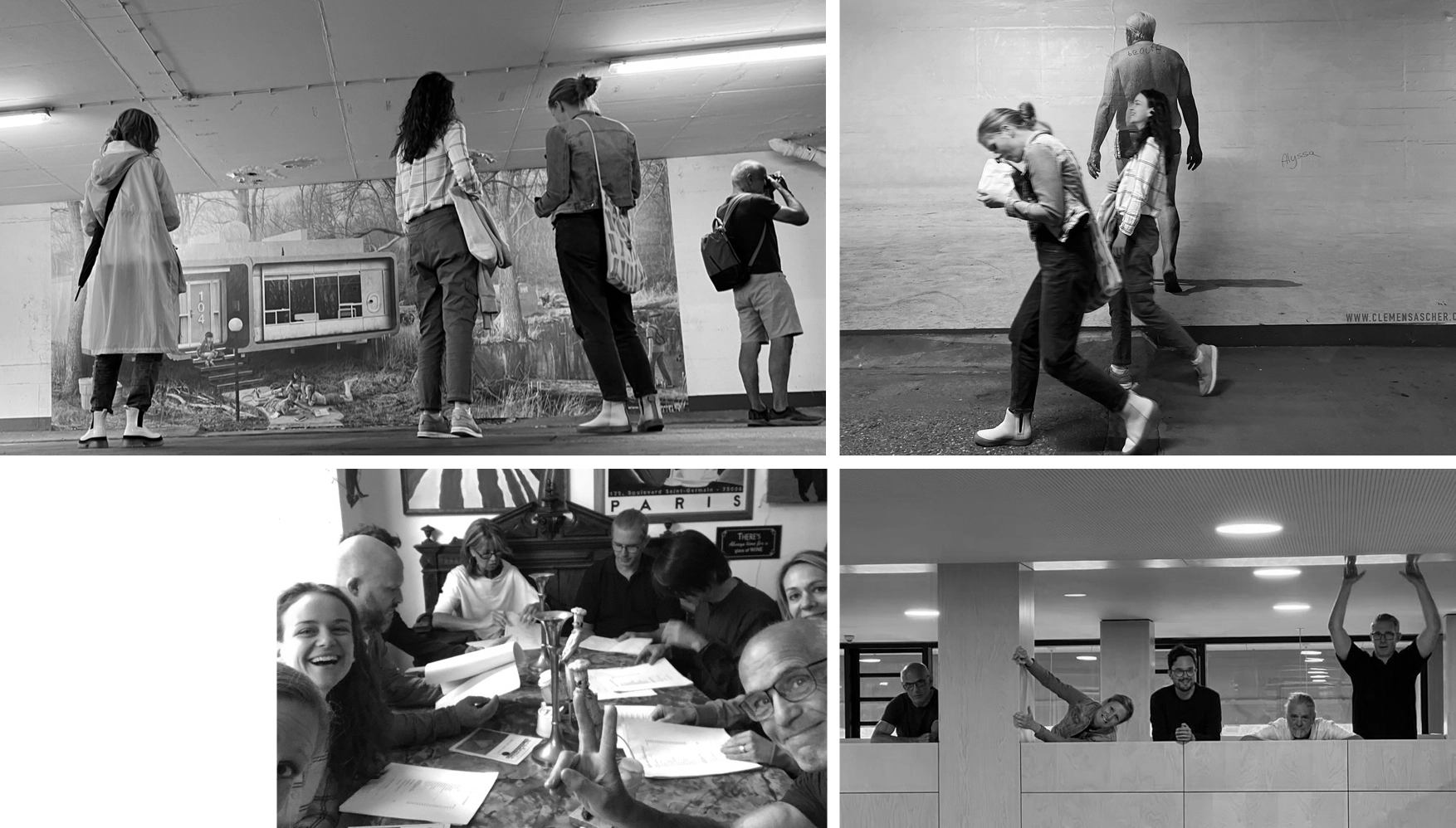 Collage of four black and white photos showing people interacting with art and each other in an indoor setting.
