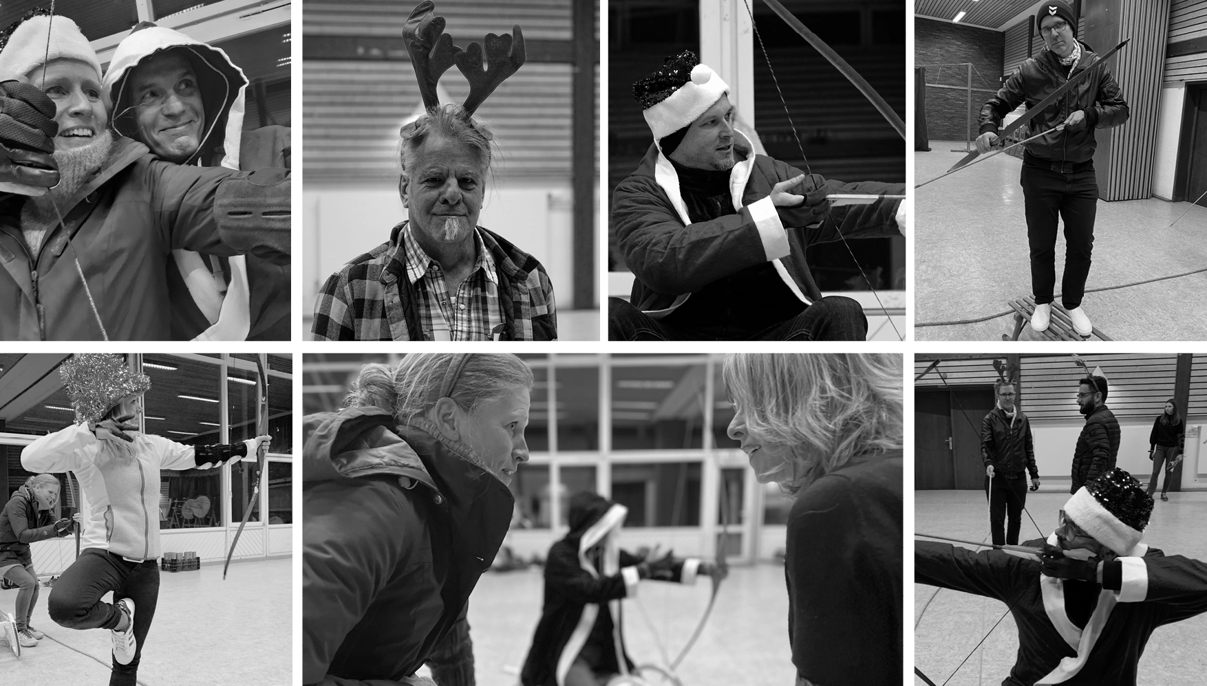 Collage of people dressed in festive hats practicing archery indoors, with some aiming bows and others observing or posing.