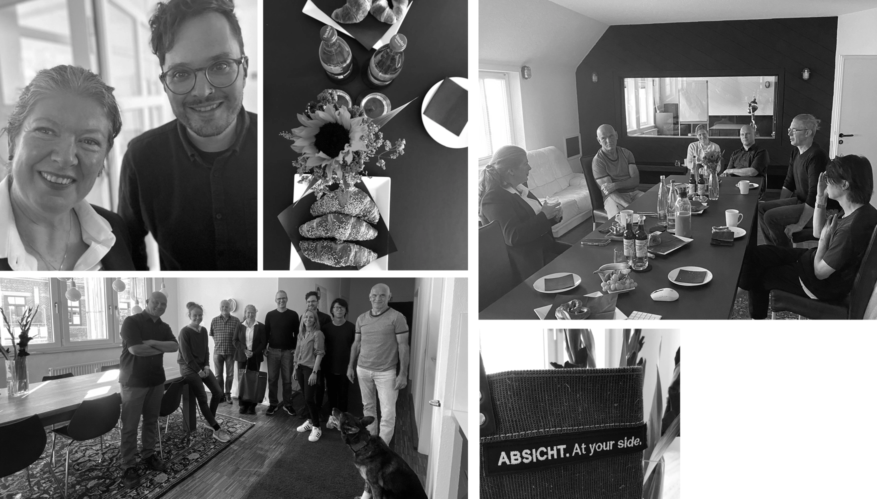Collage of black and white photos showing a group of people in an office setting, a table with croissants and bottles, a meeting around a conference table, and a close-up of a label reading 'ABSICHT. At your side.'