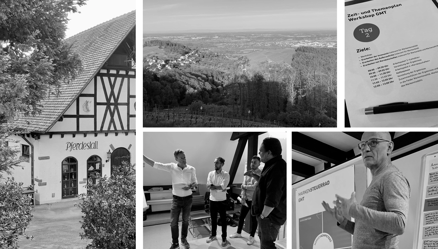 Collage with a traditional building labeled Pferdestall, a scenic view of a valley with vineyards, a workshop agenda with a pen, a group of four men discussing indoors, and a man presenting beside a Markensteuerrad GMT chart.