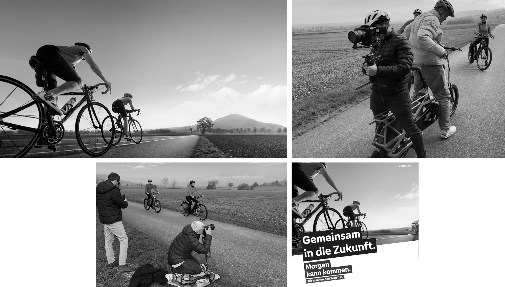 Collage of black and white images showing cyclists on rural roads and photographers capturing the scenes, with text 'Gemeinsam in die Zukunft. Morgen kann kommen.'