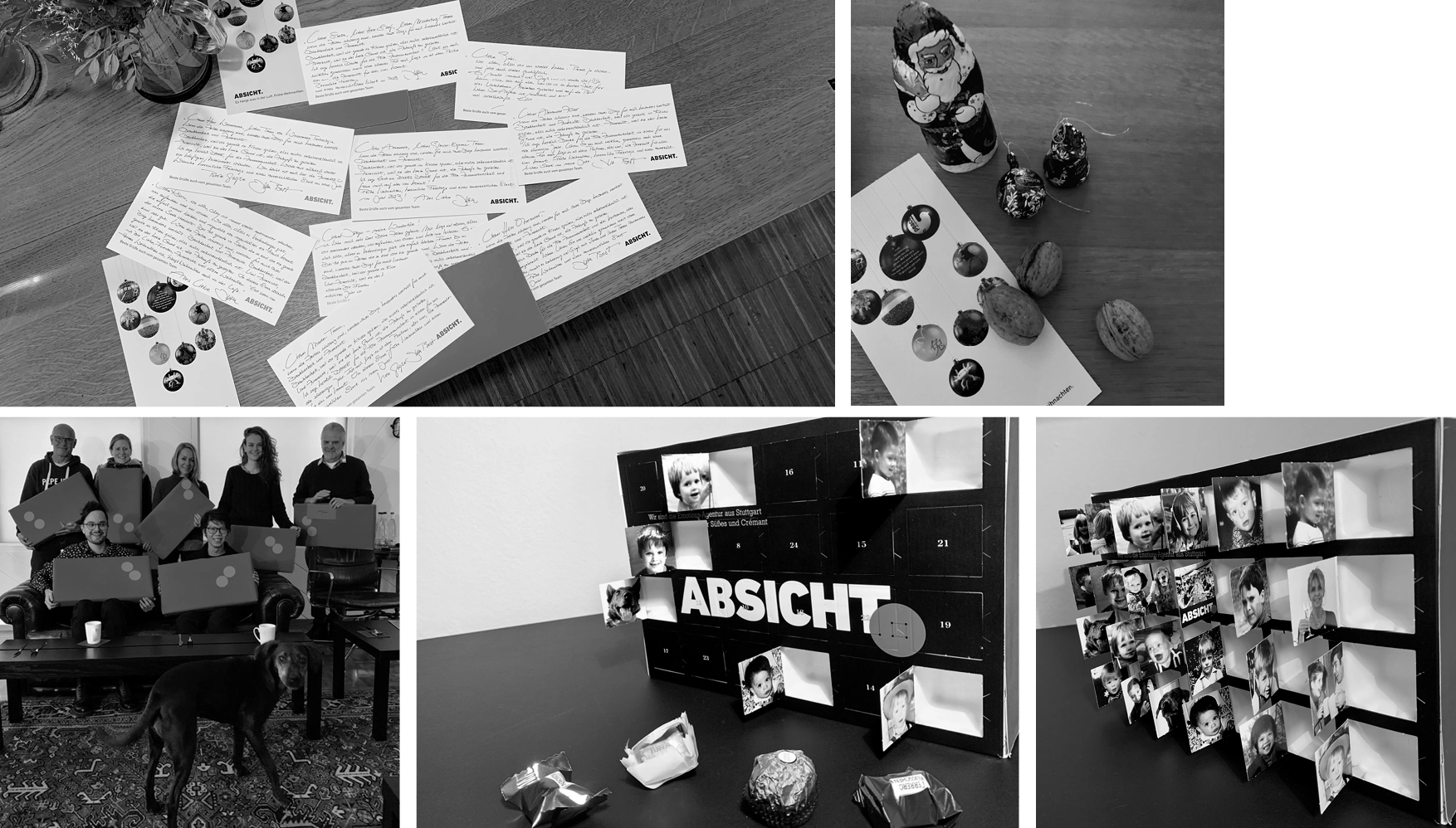 Collage of black-and-white photos showing handwritten cards on a table, nuts with a Santa figurine and card, a group of people holding gift boxes with a dog in front, and a black advent calendar with childhood photos and some opened chocolate wrappers.