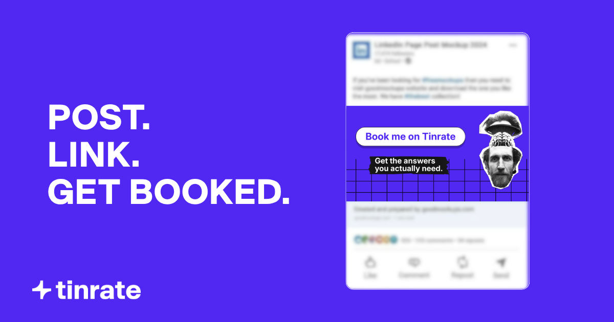 Minimalist purple and white graphic showing a LinkedIn post announcement template for experts offering paid consultations with a Tinrate booking link.