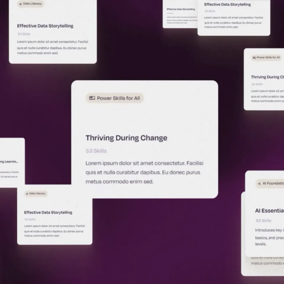 Digital cards on a dark purple background showing course titles like 'Thriving During Change,' 'Effective Data Storytelling,' and 'AI Essentials,' each with a skills category and placeholder text.