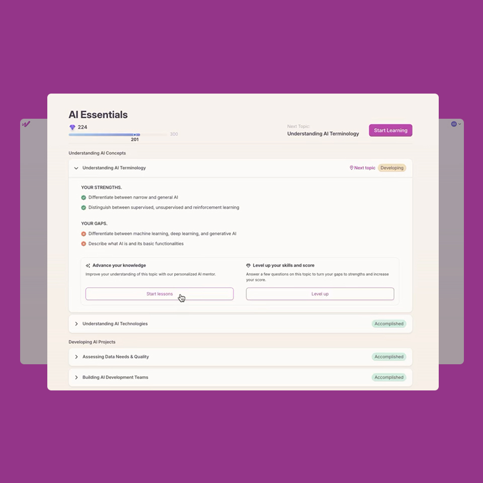 AI Essentials learning dashboard showing progress in Understanding AI Terminology with strengths and gaps, options to start lessons or level up, and other AI topics marked as accomplished.