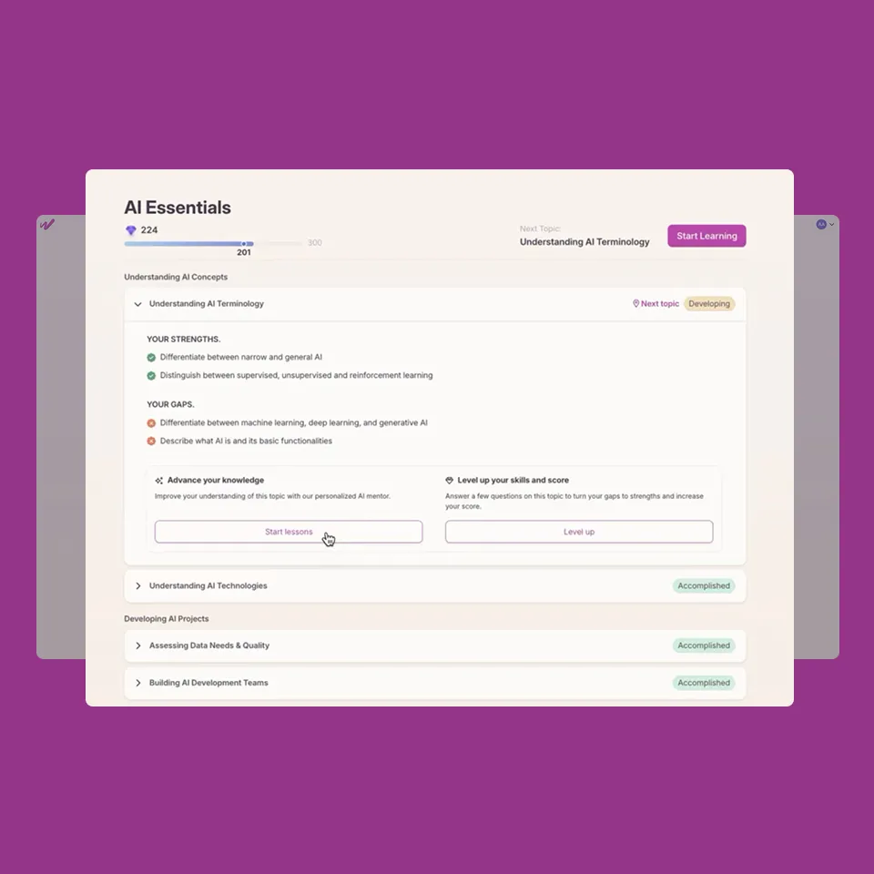 AI Essentials learning dashboard showing progress in Understanding AI Terminology with strengths and gaps, options to start lessons or level up, and other AI topics marked as accomplished.