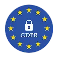 Blue circle with yellow stars forming the European Union flag surrounding a white padlock icon and the text GDPR underneath.