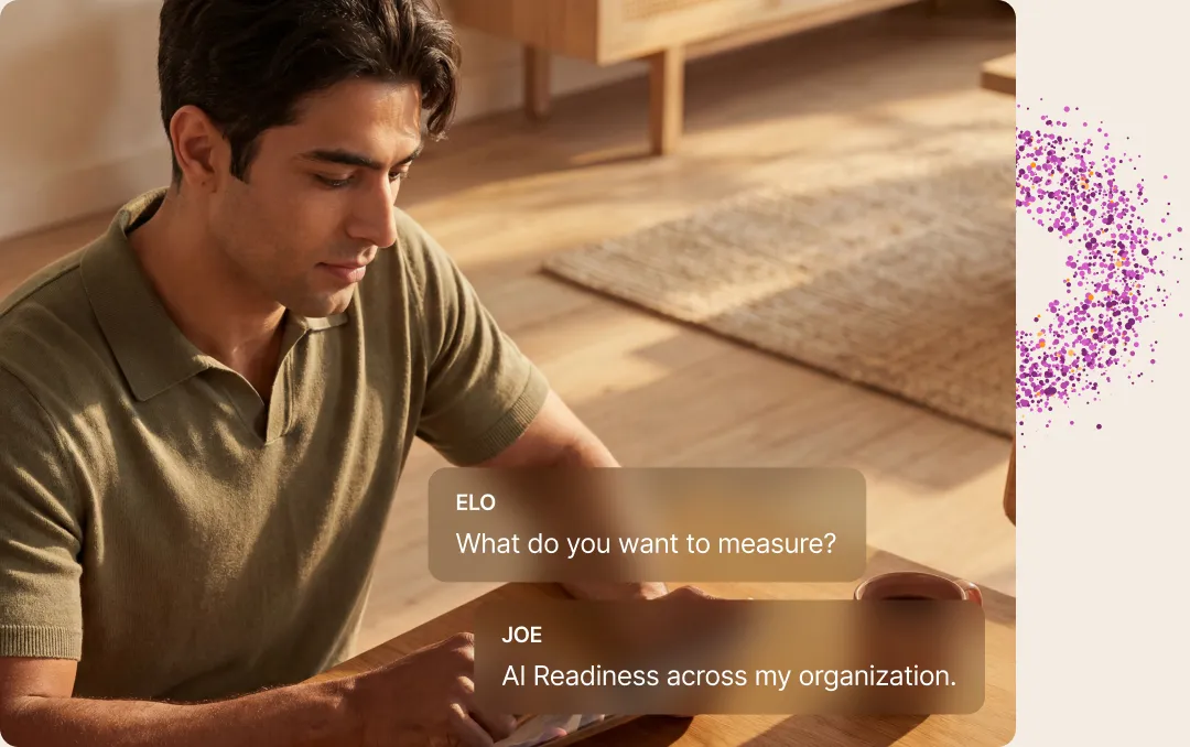 Man in green shirt sitting at table, with text bubbles about measuring AI readiness in an organization.
