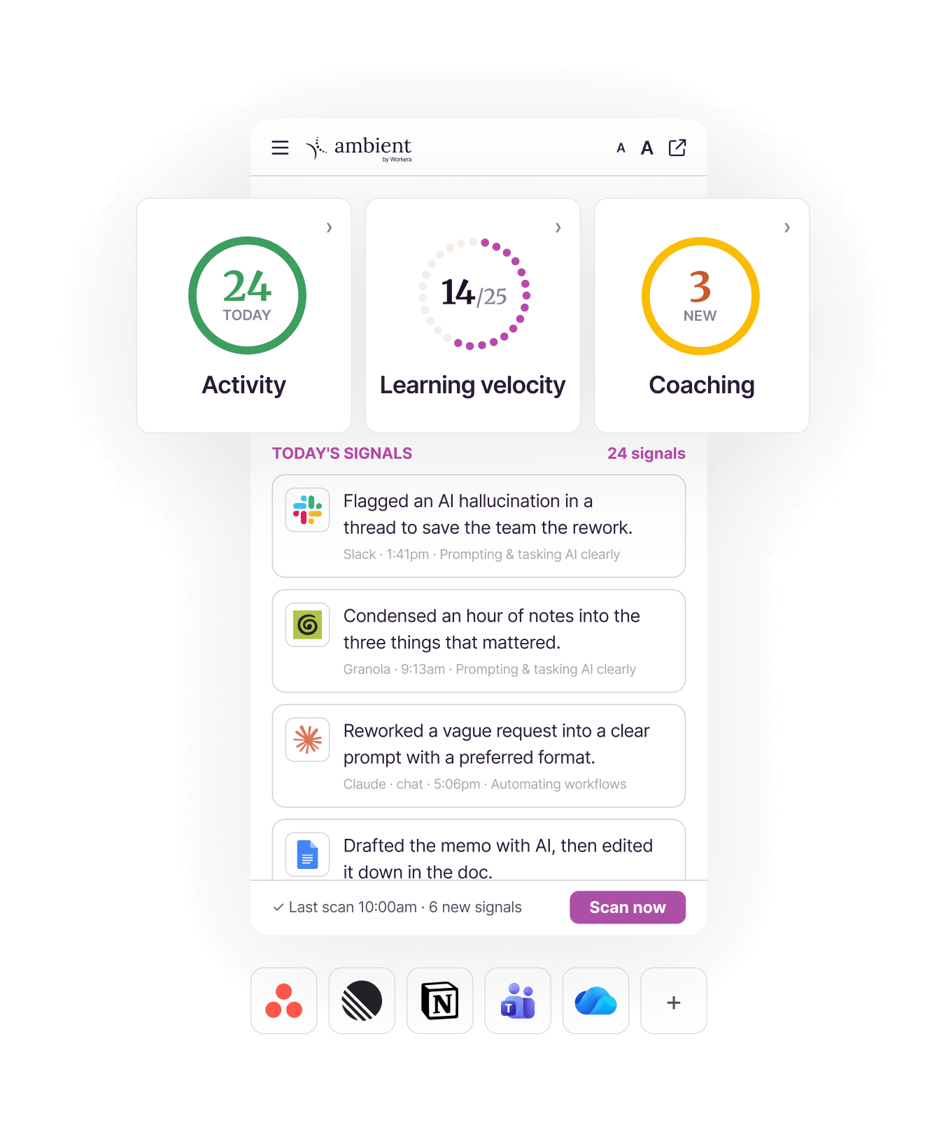 Workera Ambient dashboard preview displaying user activity metrics, learning velocity, coaching insights, and real-time team workflow signals from integrations like Slack, Claude, and Notion