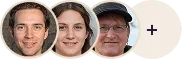 Circular overlapping portraits of three team members with an add icon