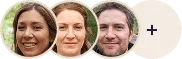 Circular overlapping portraits of three team members with an add icon