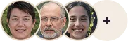Circular overlapping portraits of three team members with an add icon