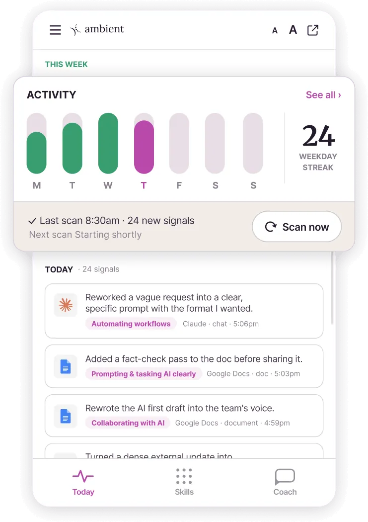 Ambient app showing this week's activity and today's signals