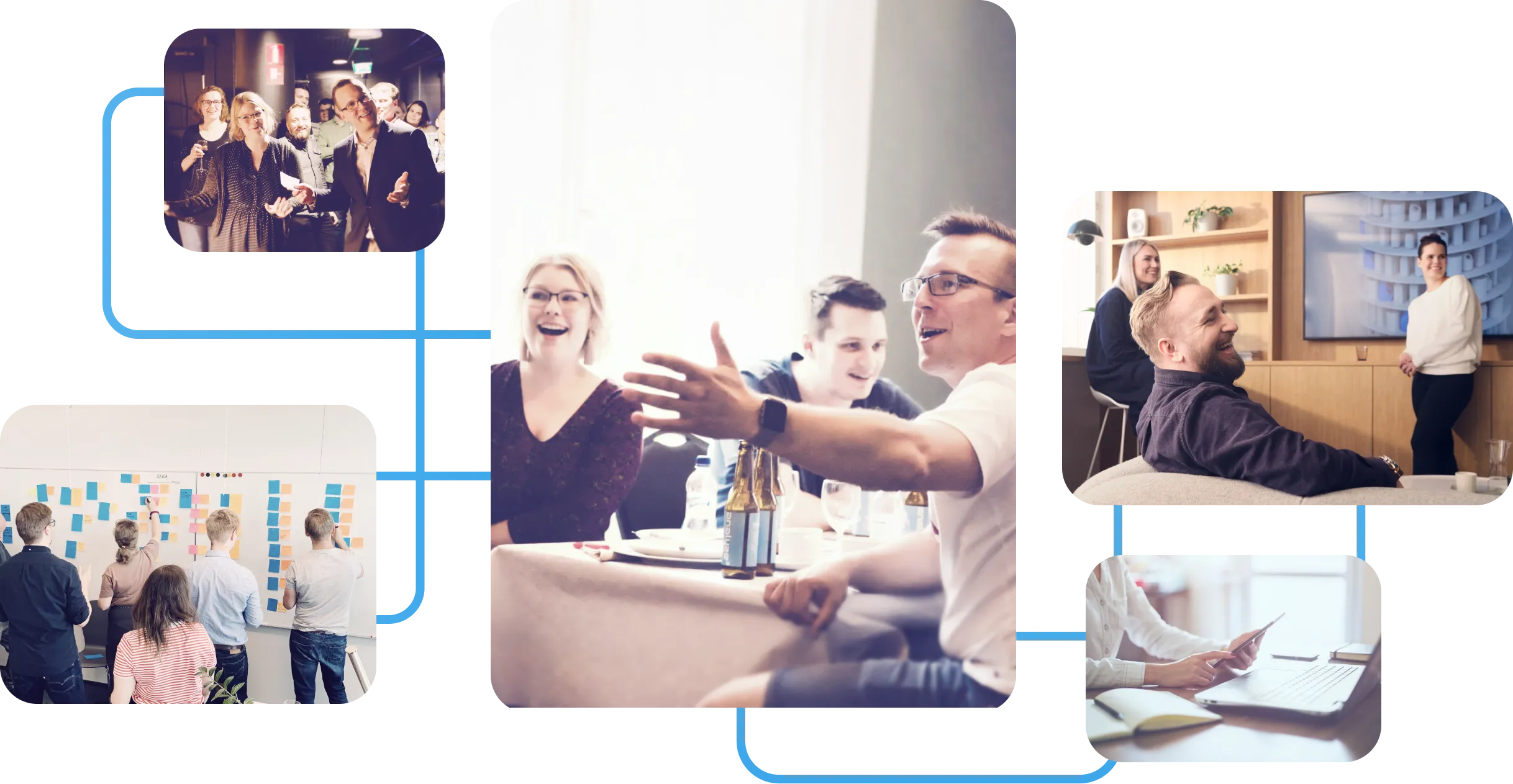 Collage of team activities including a group celebration, brainstorming with sticky notes on a whiteboard, a casual meeting with three people smiling, and a person working on a laptop with a tablet.